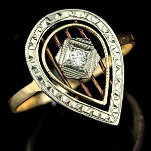 Art Deco 1930s Old Cut Diamond 14k Yellow White Gold Vintage Dinner Ring